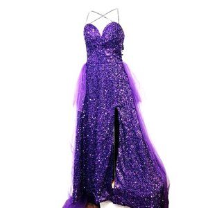 Ao Yan Purple Sequin & Tulle Floor Length Prom Gown Dress NWT